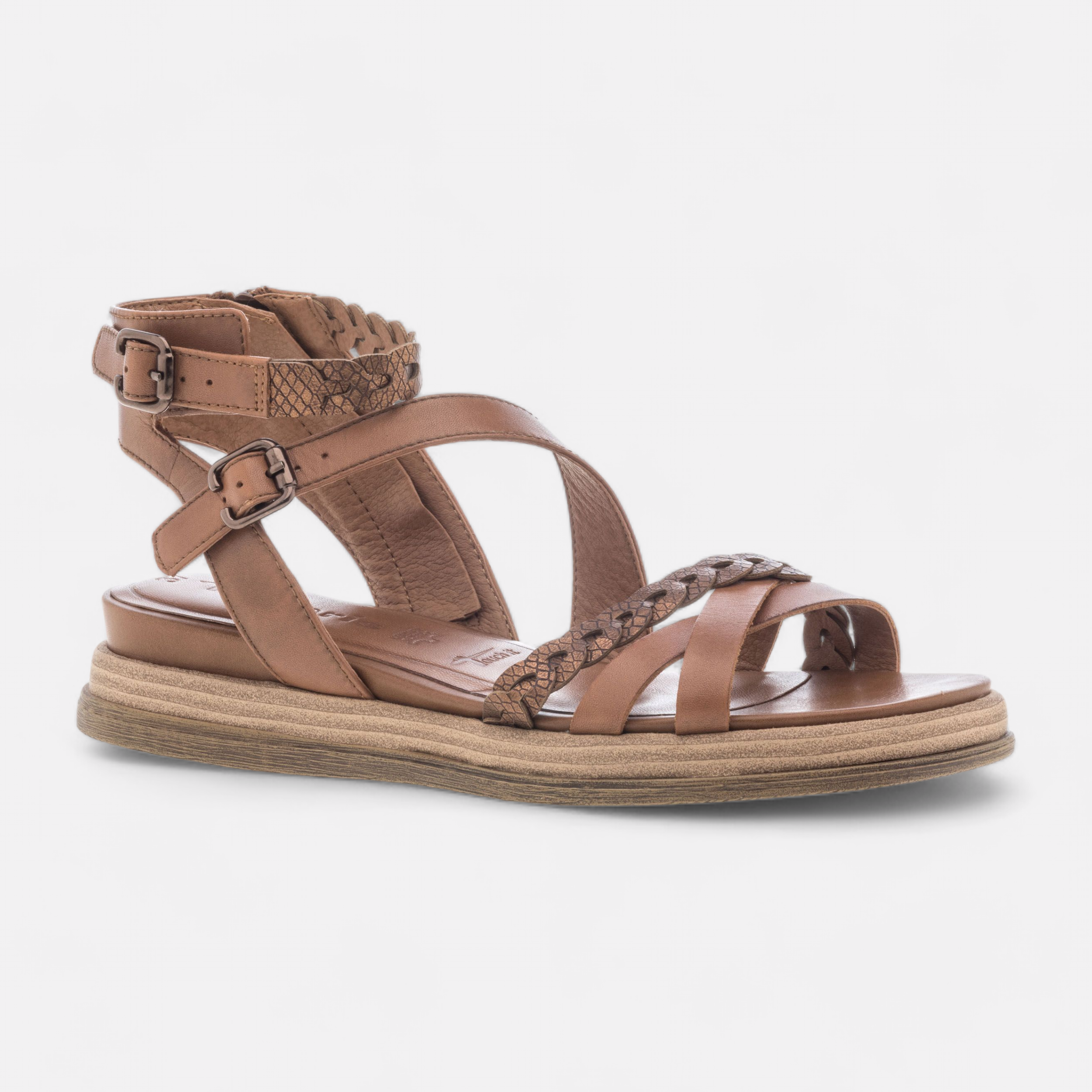 Sandales a talon compense Femme en cuir cognac France FR