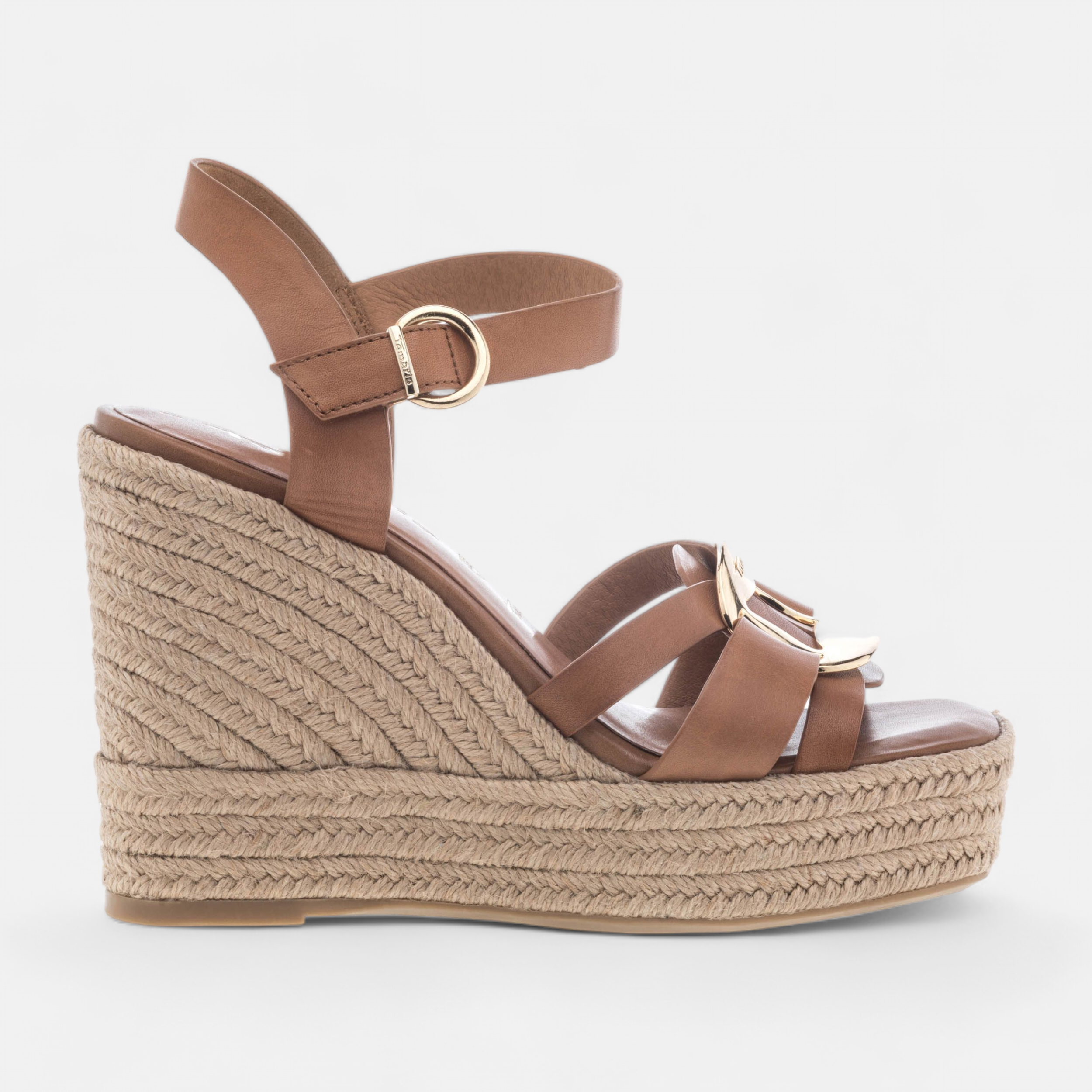 Espadrilles a talon compense Femme en cuir cognac France FR